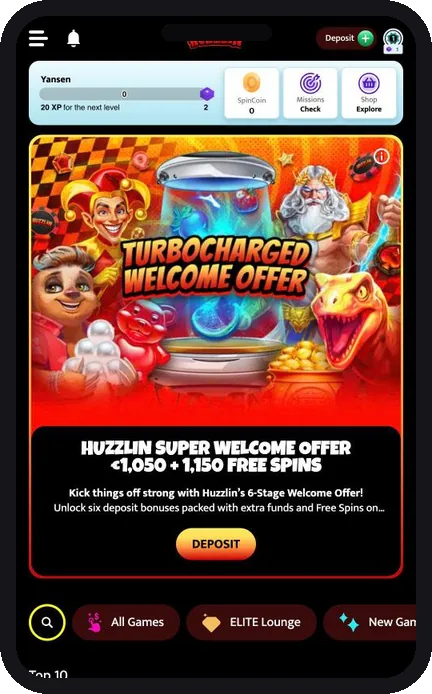 Huzzlin Casino mobillobby – app-visning